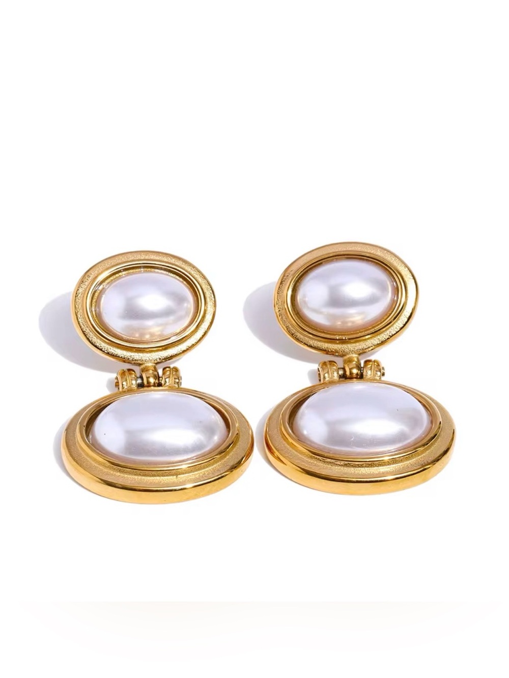 Gold-Tone Double Drop Faux Pearl Earrings - White